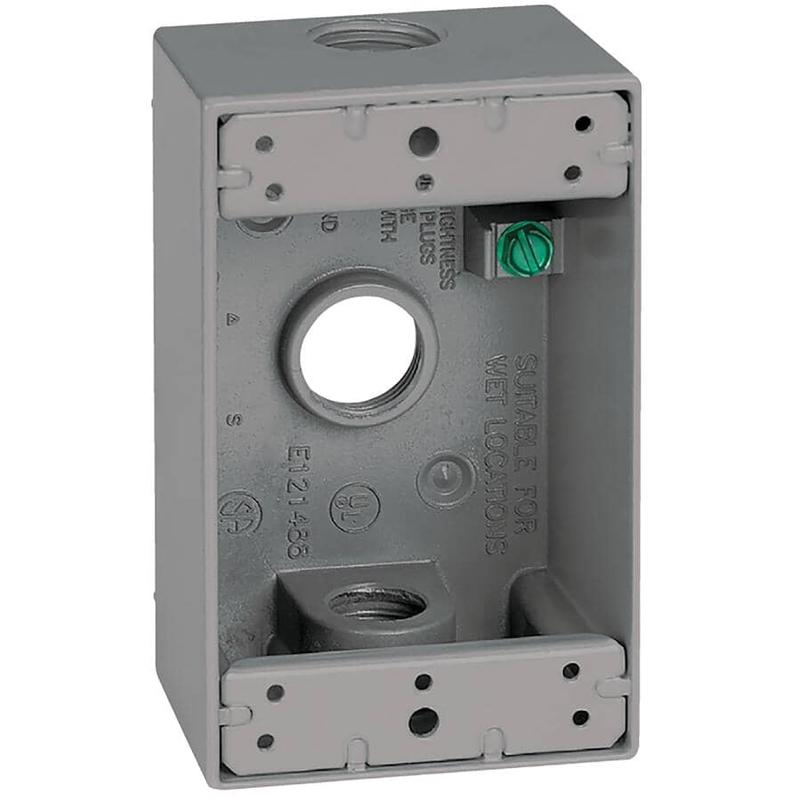 1 Gang Silver Weatherproof Metal Wiring Box with 3 Threaded Outlets