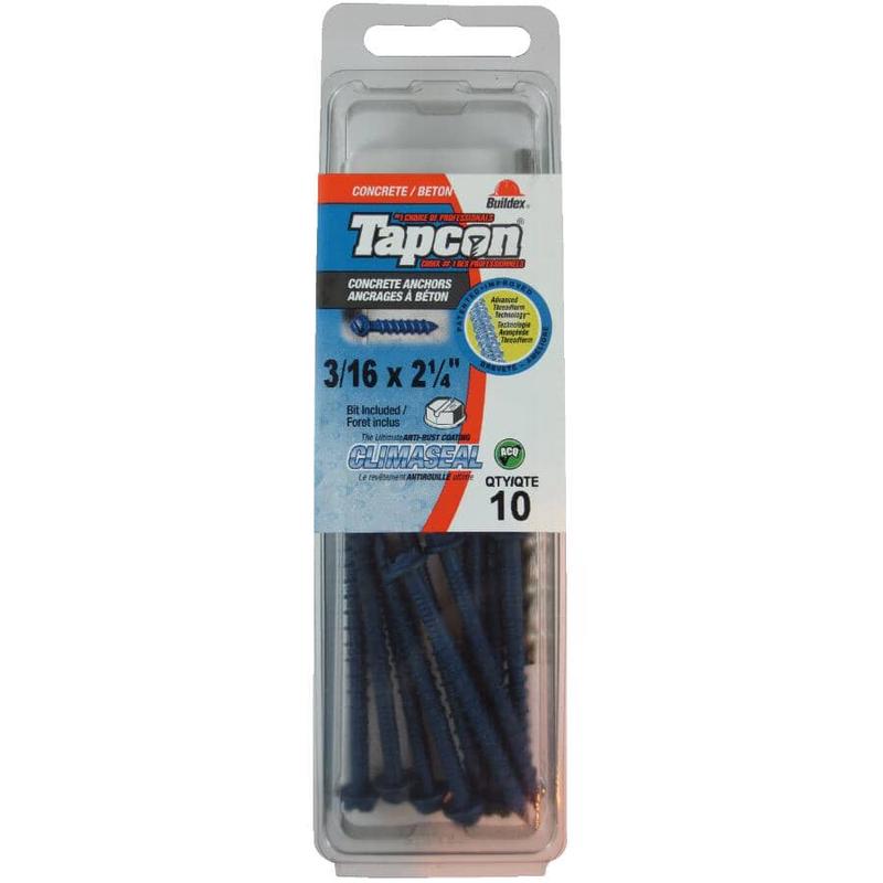 10 Pack 3/16\" x 2-1/4\" Hex Head Concrete Screws, with Drill Bit