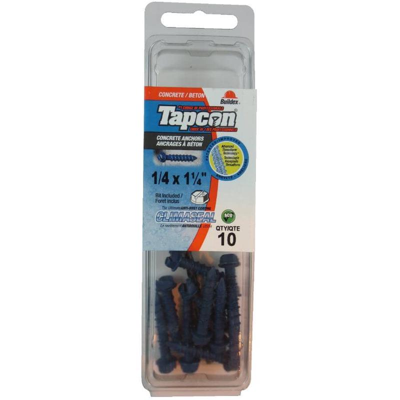 10 Pack 1/4\" x 1-1/4\" Hex Head Concrete Screws, with Drill Bit