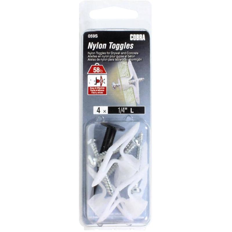 1/4\" Long Light Duty Nylon Toggle Anchors - with Screws, 4 Pack